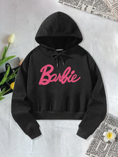Load image into Gallery viewer, Women Cropped Sweatshirt Black Pullover Graphic Alphabets Barbie Sweatshirt
