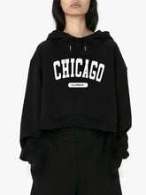 Load image into Gallery viewer, Women Cropped Sweatshirt Black Pullover Graphic Alphabets CHICAGO City Sweatshirt
