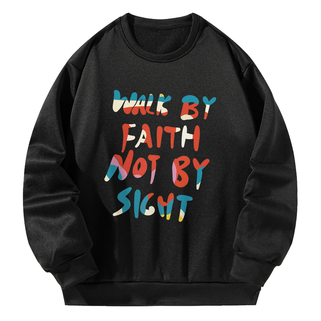  Women Crewneck Sweatshirt Black Pullover Graphic Alphabets WALK BY FAITH NOT BY SICHT Sweatshirt