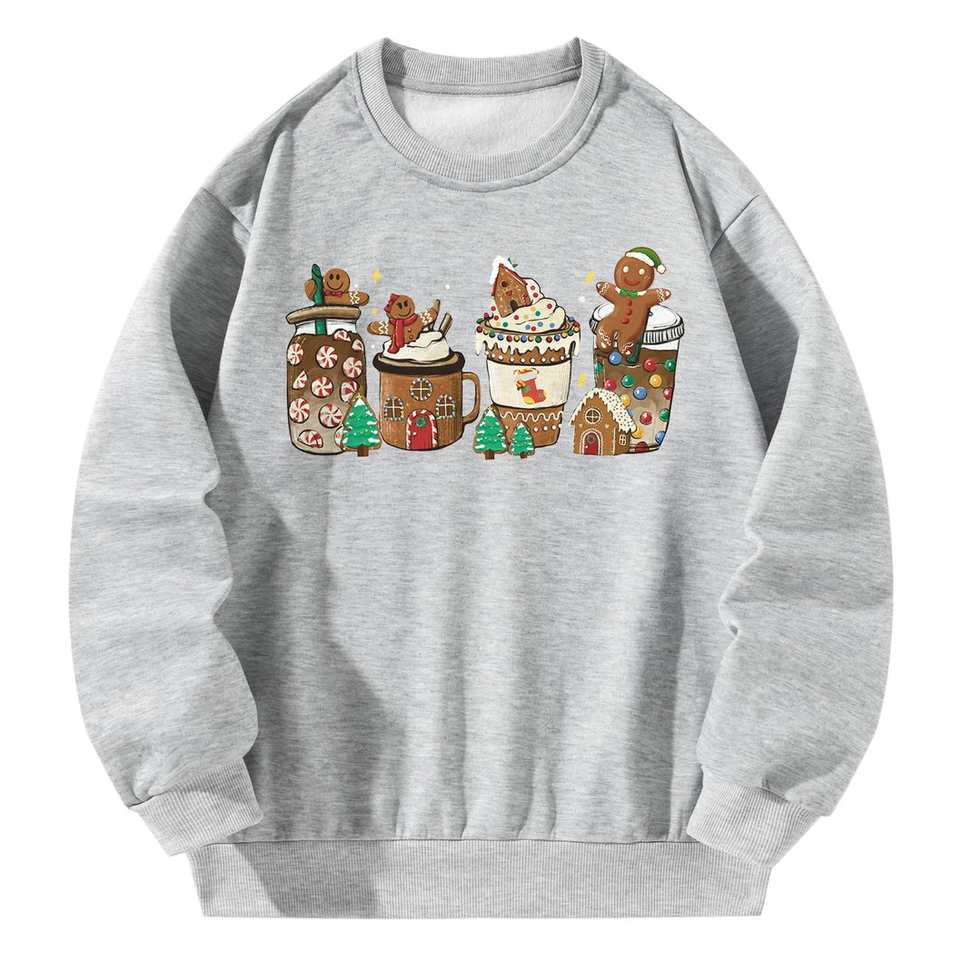 Women Crewneck Sweatshirt Gray Pullover Graphic Christmas Cartoon Drink Sweatshirt