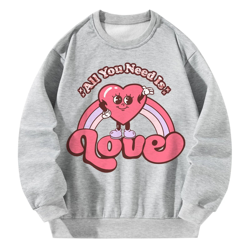 Women Crewneck Sweatshirt Gray Pullover Graphic Cartoon Love Sweatshirt