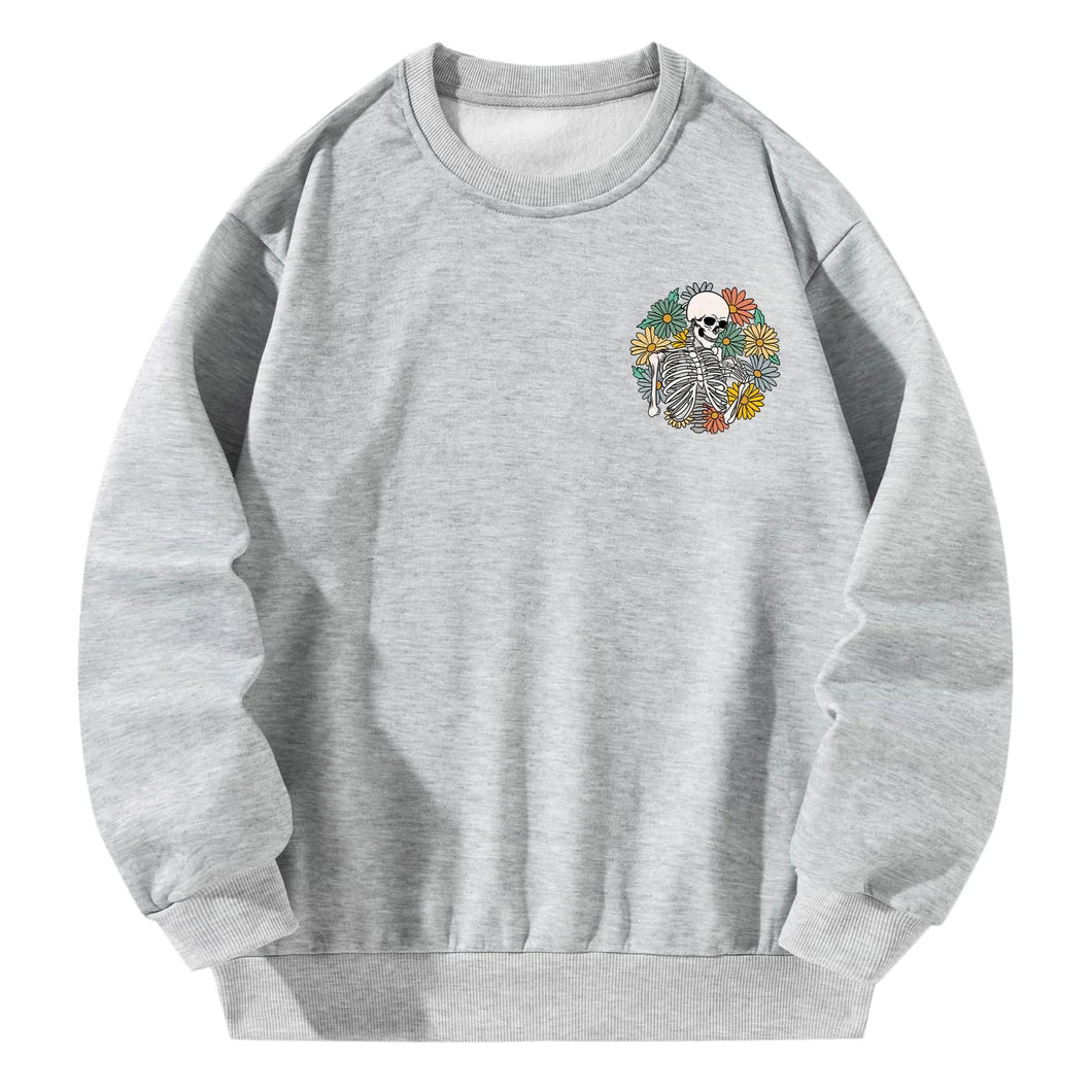 Women Crewneck Sweatshirt Gray Pullover Graphic Flower Skull Sweatshirt