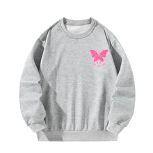 Load image into Gallery viewer, Women Crewneck Sweatshirt Gray Pullover Graphic Pink Butterfly Sweatshirt
