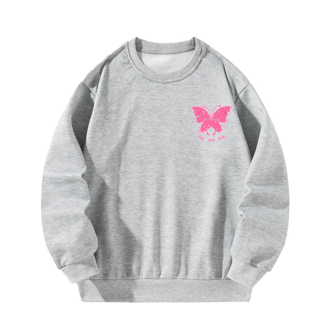 Women Crewneck Sweatshirt Gray Pullover Graphic Pink Butterfly Sweatshirt