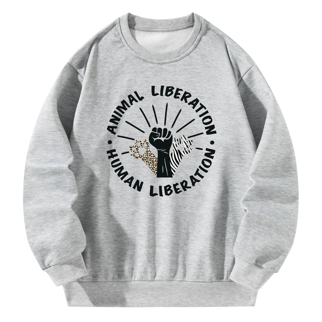  Women Crewneck Sweatshirt Gray Pullover Graphic Alphabets  ANIMAL LIBERATION Sweatshirt