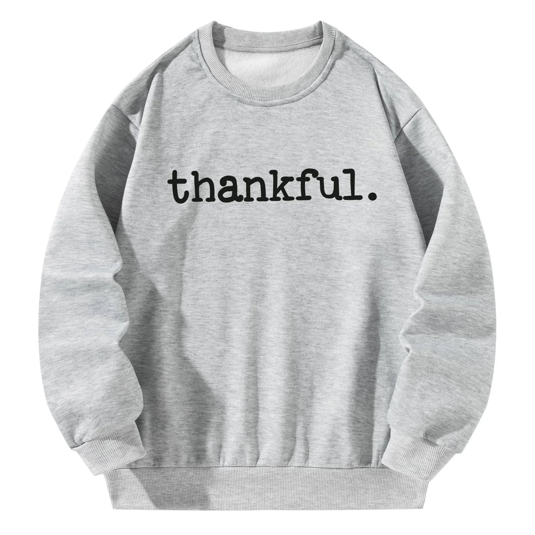 Women Crewneck Sweatshirt Gray Pullover Graphic Alphabets Thankful Sweatshirt