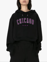Load image into Gallery viewer, Women Cropped Sweatshirt Black Pullover Graphic Alphabets Chicago  City Sweatshirt
