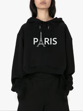 Load image into Gallery viewer, Women Cropped Sweatshirt Black Pullover Graphic Alphabets PARIS City Sweatshirt
