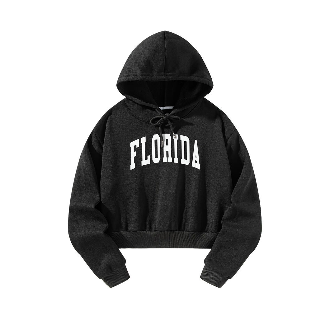 Women Cropped Sweatshirt Black Pullover Graphic Alphabets FLORIDA City Sweatshirt