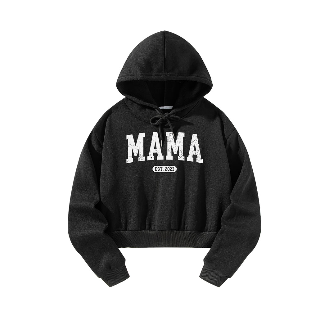 Women Cropped Sweatshirt Black Pullover Graphic Alphabets MAMA  Sweatshirt