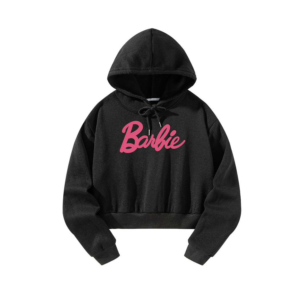 Women Cropped Sweatshirt Black Pullover Graphic Alphabets Barbie Sweatshirt