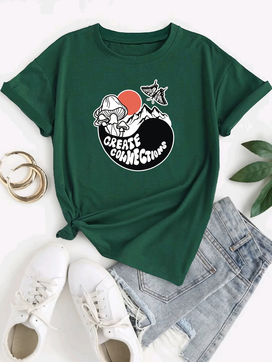 Women Black Crewneck T-Shirt Pullover Graphic T-Shirt