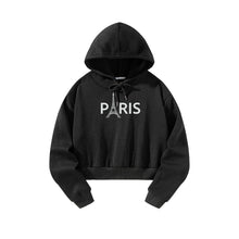 Load image into Gallery viewer, Women Cropped Sweatshirt Black Pullover Graphic Alphabets PARIS City Sweatshirt

