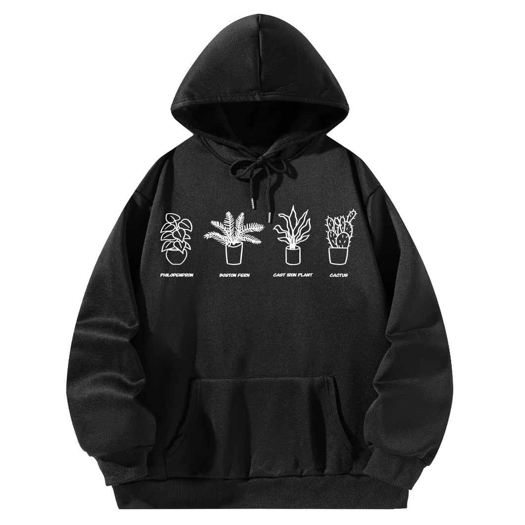 Women Hoody Sweatshirt Black Pullover Graphic Plant Sweatshirt