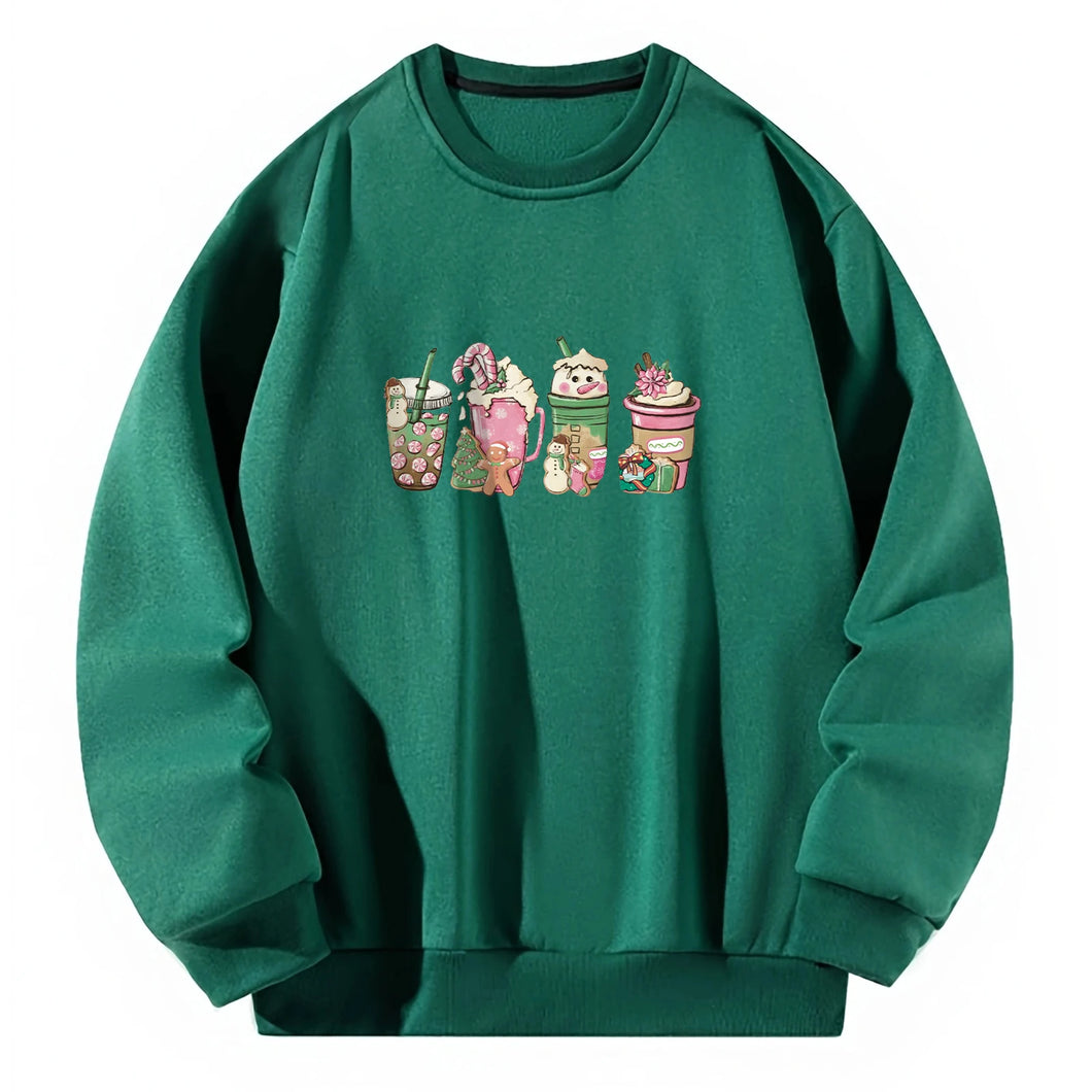 Women Crewneck Sweatshirt Green Pullover Graphic Christmas Cartoon Drink Sweatshirt