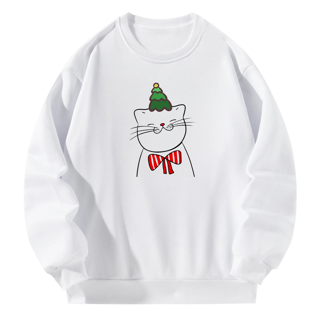 Women Crewneck Sweatshirt White Pullover Graphic Christmas Kitten Sweatshirt