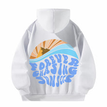 Load image into Gallery viewer, Women Hoody Sweatshirt White Pullover Graphic Alphabets FOREVER CHASING SWNSETS Sweatshirt
