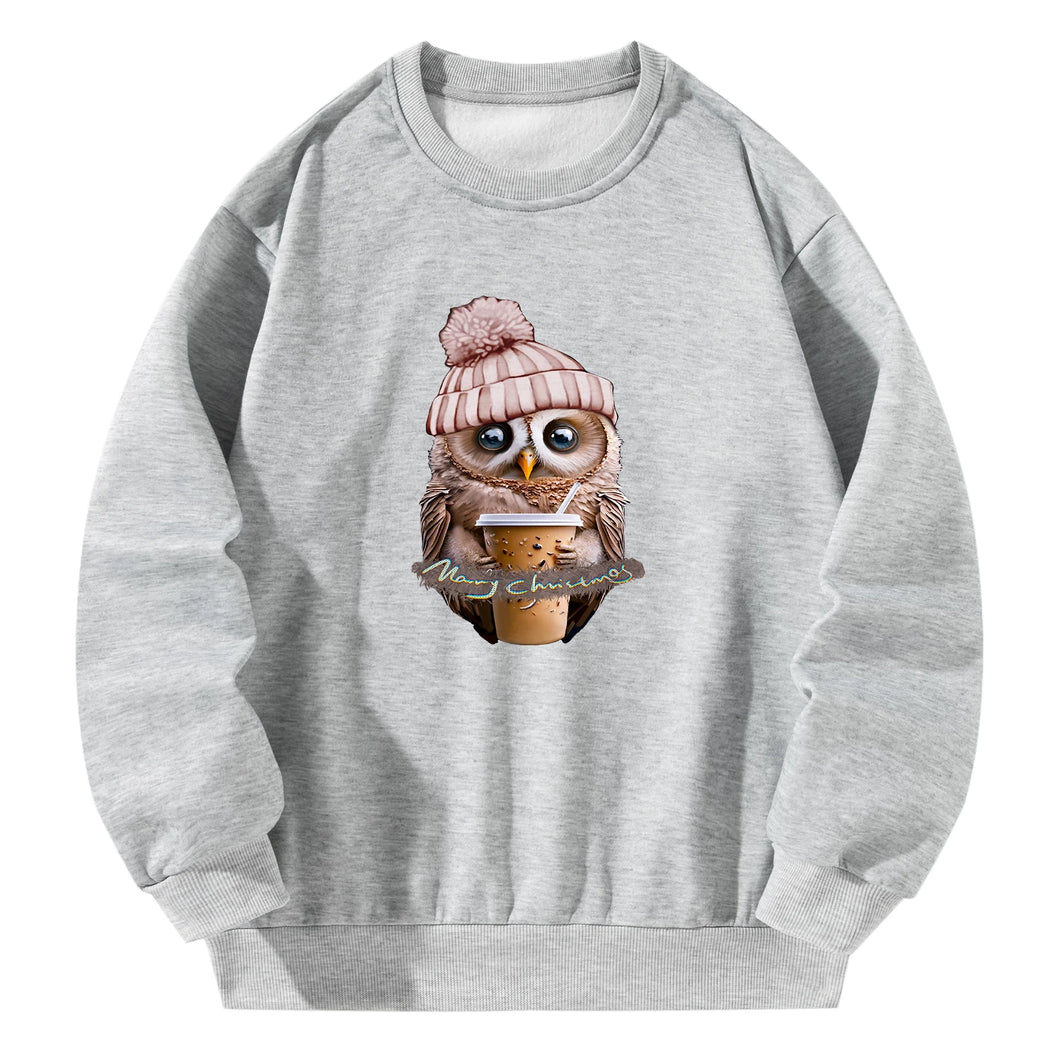 Women Crewneck Sweatshirt Gray Pullover Graphic Owl Sweatshirt