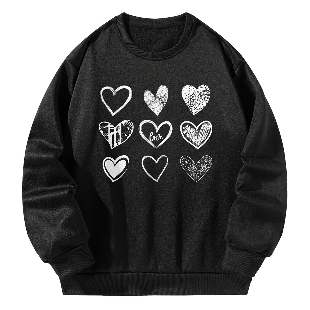 Women Crewneck Sweatshirt Black Pullover Graphic Love-heart Shape Sweatshirt