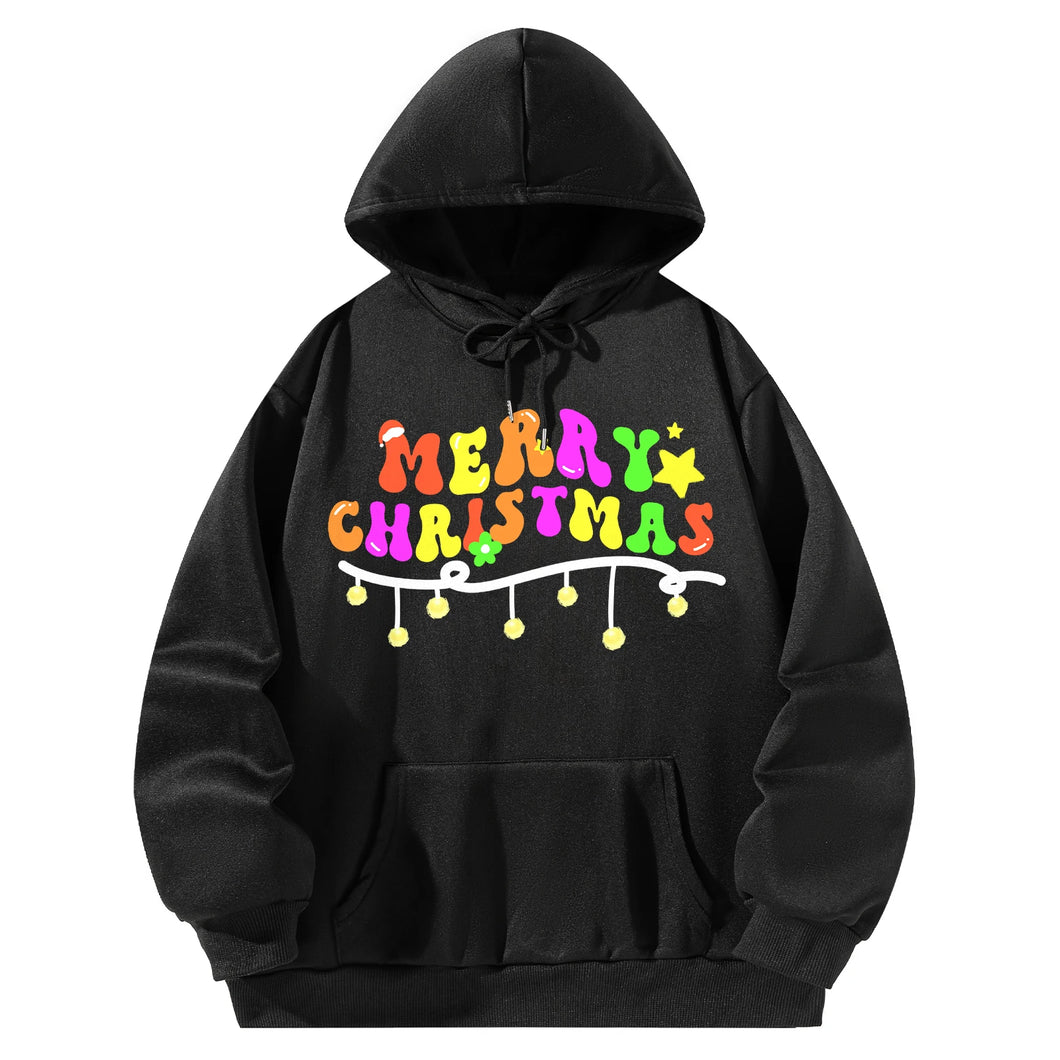Women Hoody Sweatshirt Black Pullover Graphic Alphabets MERRY CHRISTMAS Sweatshirt