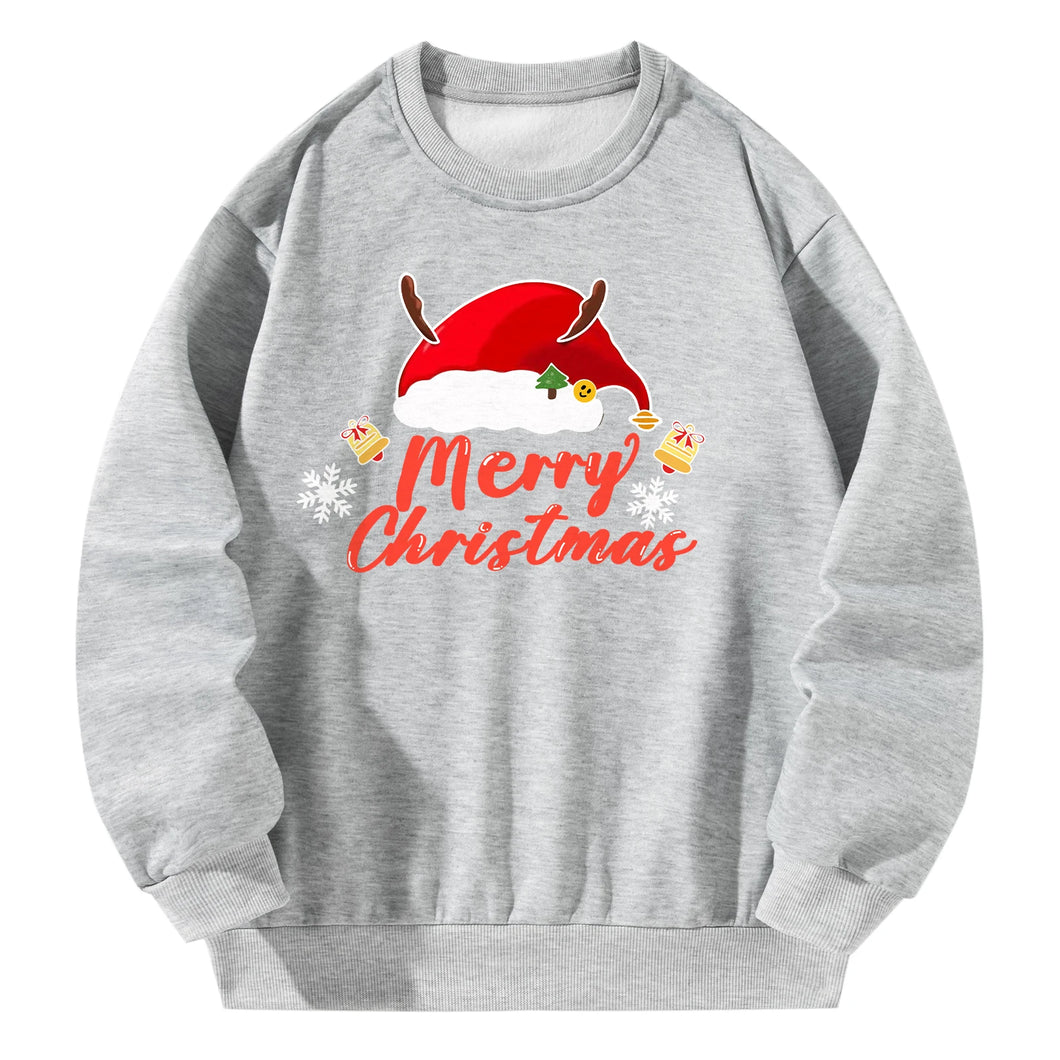 Women Crewneck Sweatshirt Gray Pullover Graphic Christmas Hat Sweatshirt