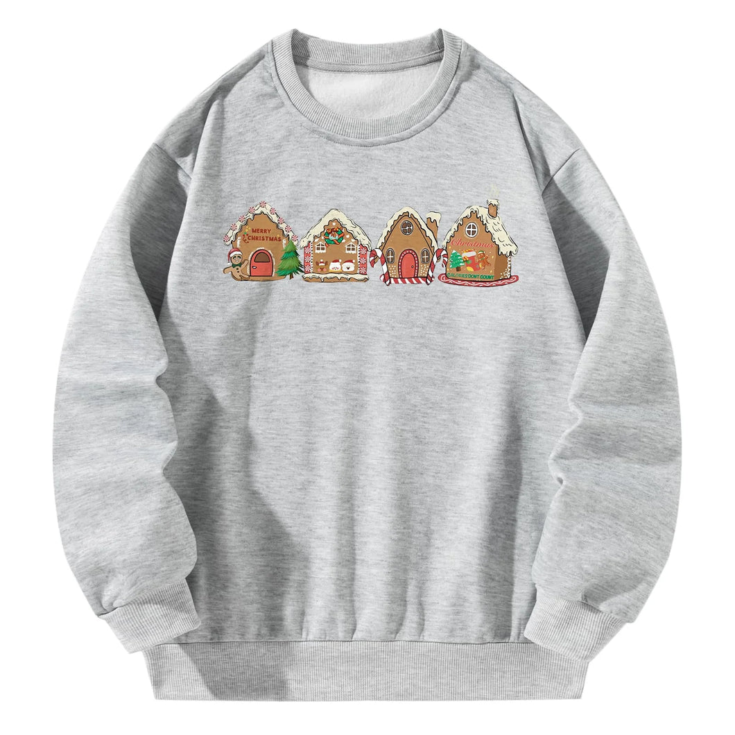 Women Crewneck Sweatshirt Gray Pullover Graphic Christmas House Sweatshirt