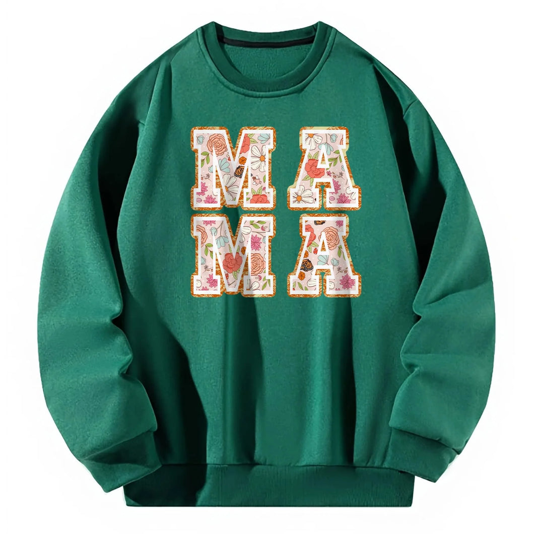 Women Crewneck Sweatshirt Green Pullover Graphic Alphabets MAMA Sweatshirt