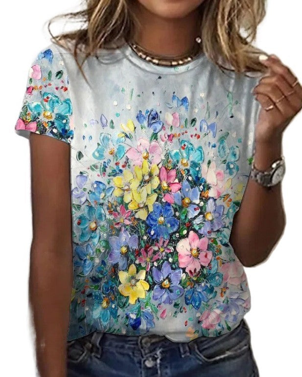 Casual Multicolor Floral Butterfly Print Short Sleeve Drop Shoulder T-shirts