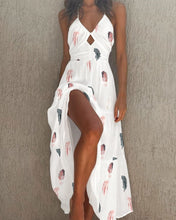 Load image into Gallery viewer, Feather Print Spaghetti Strap Cutout Halter Maxi Dress
