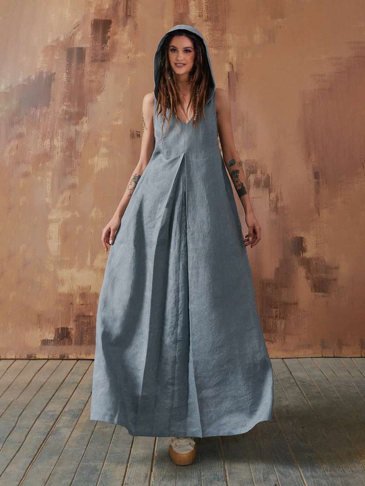 Solid V-Neckline Sleeveless Maxi X-line Hooded Dress