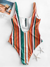 Load image into Gallery viewer, Multi Striped Snap Button High Leg One-piece Swimsuit
