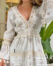 Load image into Gallery viewer, Women&#39;s Floral Print V-Neck Lace Trim Long Sleeve Tassels Decor Flared Knee Length Dress
