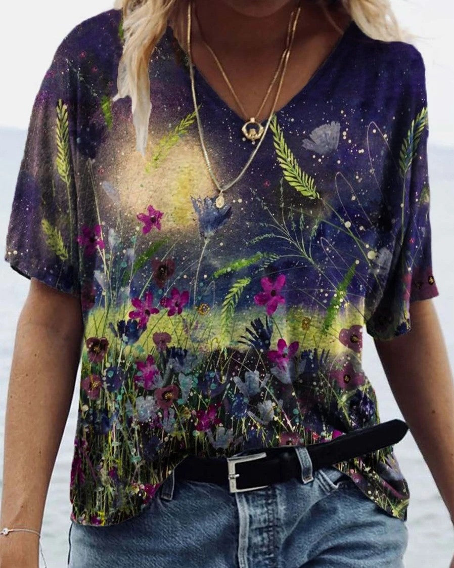 Vintage Floral Print V Neck Drop Shoulder Half Sleeve T-shirts