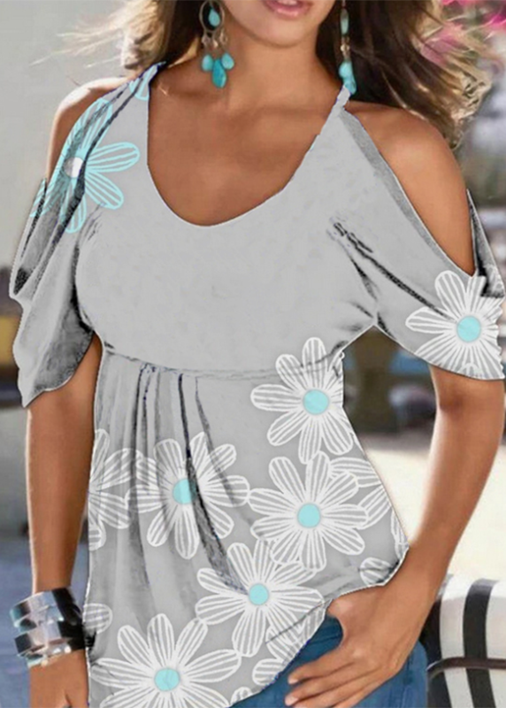 Women's Round Neck Floral Printed Cold Shoulder Gray Casual Blouse
