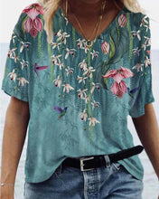 Load image into Gallery viewer, Vintage Floral Print V Neck Drop Shoulder Half Sleeve T-shirts
