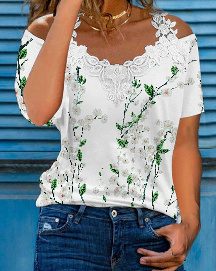Women's Summer Floral New V Neck Short Sleeve Lace T-shirts