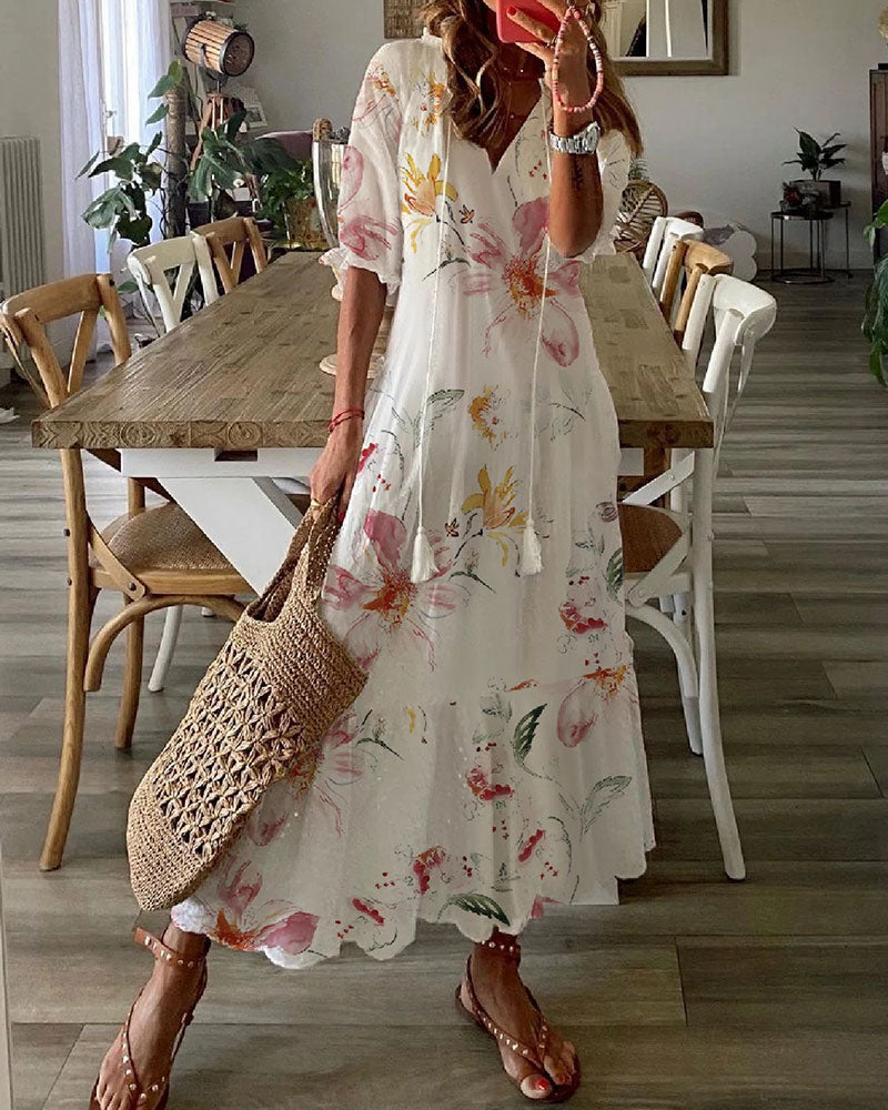 Women's Floral Print V-Neck Half Sleeve Fringe Decor High Waist Flared Maxi Dress