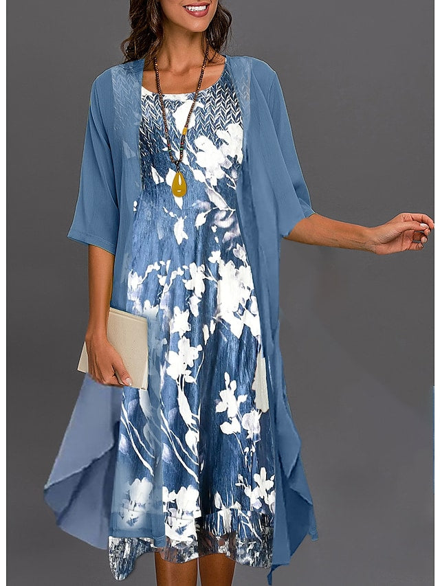 Women's A Line Dress Midi Dress Green Blue Gray Half Sleeve Floral Print Summer U Neck Casual