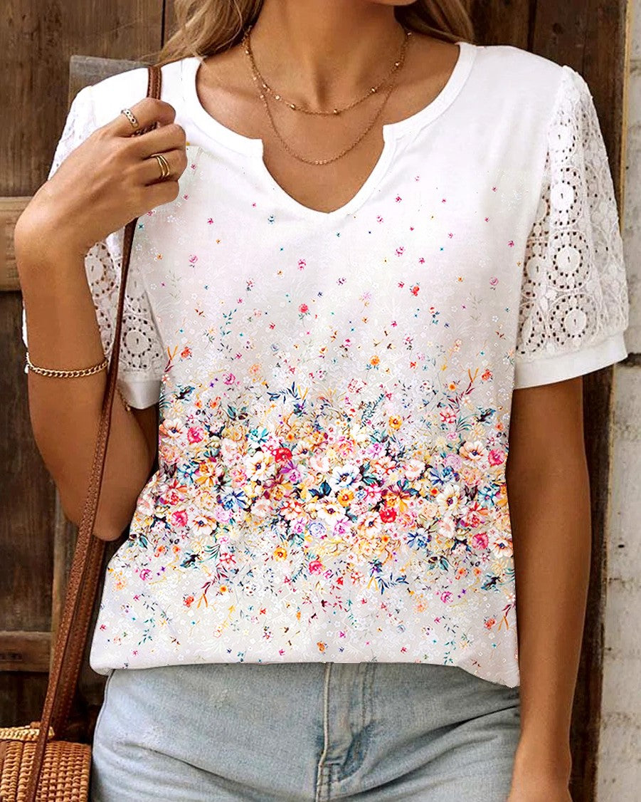 Women's Floral Painting T shirt Short Sleeve Hollow Out
