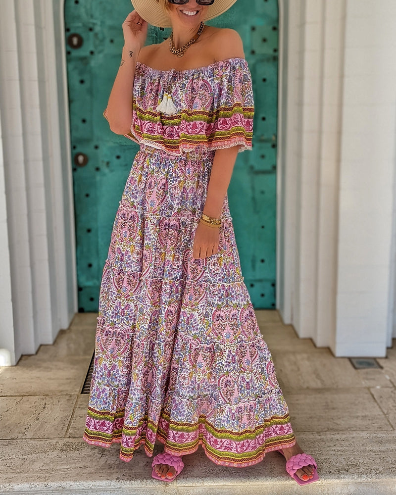Women's Allover Floral Print Off Shoulder High Waist A-line Maxi Dress
