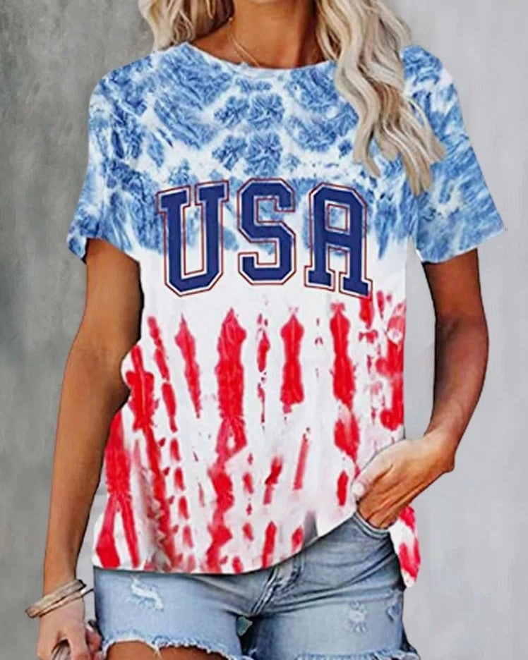 USA Print Round Neck Short Sleeve T-shirts