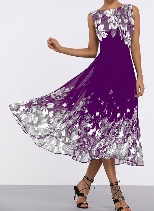 Floral Round Neckline Sleeveless Midi X-line Dress