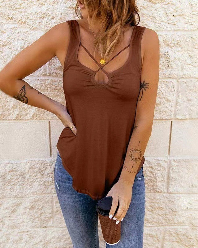 Women's Solid Color Scoop Neck Cross Strap Sleeveless Sexy Tank