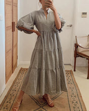 Load image into Gallery viewer, Women&#39;s Solid Gray Notched Neck High Waist Half Sleeve Long Dress
