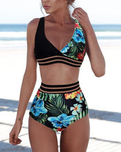 Load image into Gallery viewer, Women&#39;s Solid Color Floral Print Striped Patchwork V-Neck Sleeveless High Waist Sexy Bikini
