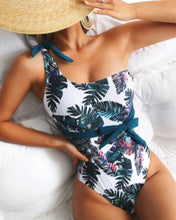 Load image into Gallery viewer, Women&#39;s Leaf Print One Shoulder Tie Waist Sexy One-Piece Swimsuit
