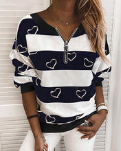 Load image into Gallery viewer, Stripe Zipper Heart Print V-neck Blouses
