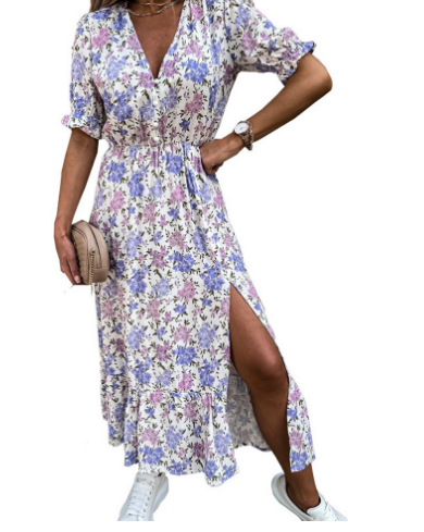 Women's Color Flower V-neck  Short Sleeve Dress