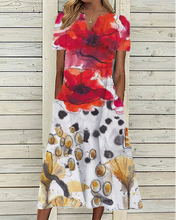 Load image into Gallery viewer, Women&#39;s Floral Print Notched V-Neck Short Sleeve Flared A-Line Pockets Casual Midi Dress
