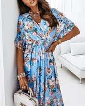 Load image into Gallery viewer, Floral Print Ruffle Hem Shirred Waist Wrap Dress
